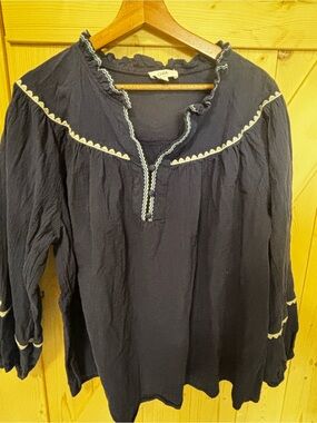 Oddi-Navy Tunic with Cream Scallop Trim